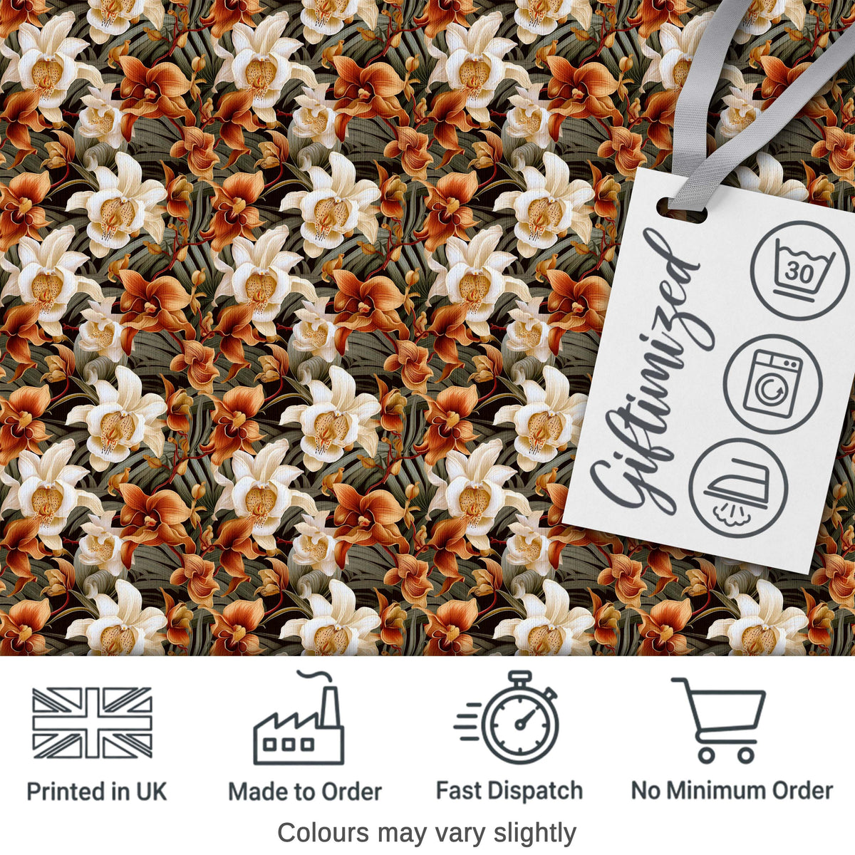 Bold Cream and Orange Orchid Floral with Lush Foliage on Dark Background Digital Print Fabric by the Metre UK Sewing Quilting Textile