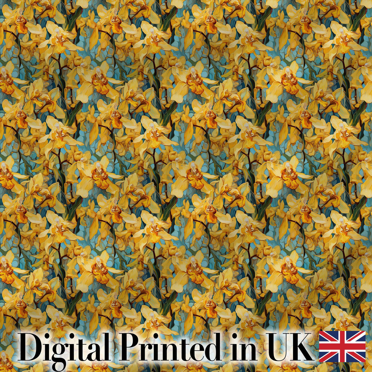 Yellow Orchid Floral with Artistic Painterly Texture on Teal Background Digital Print Fabric by the Metre UK Sewing Quilting Textile