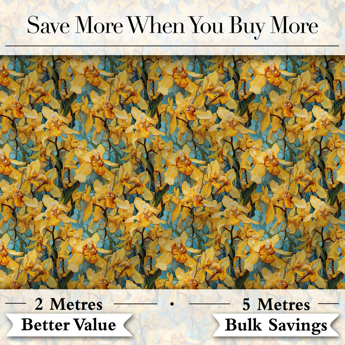 Yellow Orchid Floral with Artistic Painterly Texture on Teal Background Digital Print Fabric by the Metre UK Sewing Quilting Textile