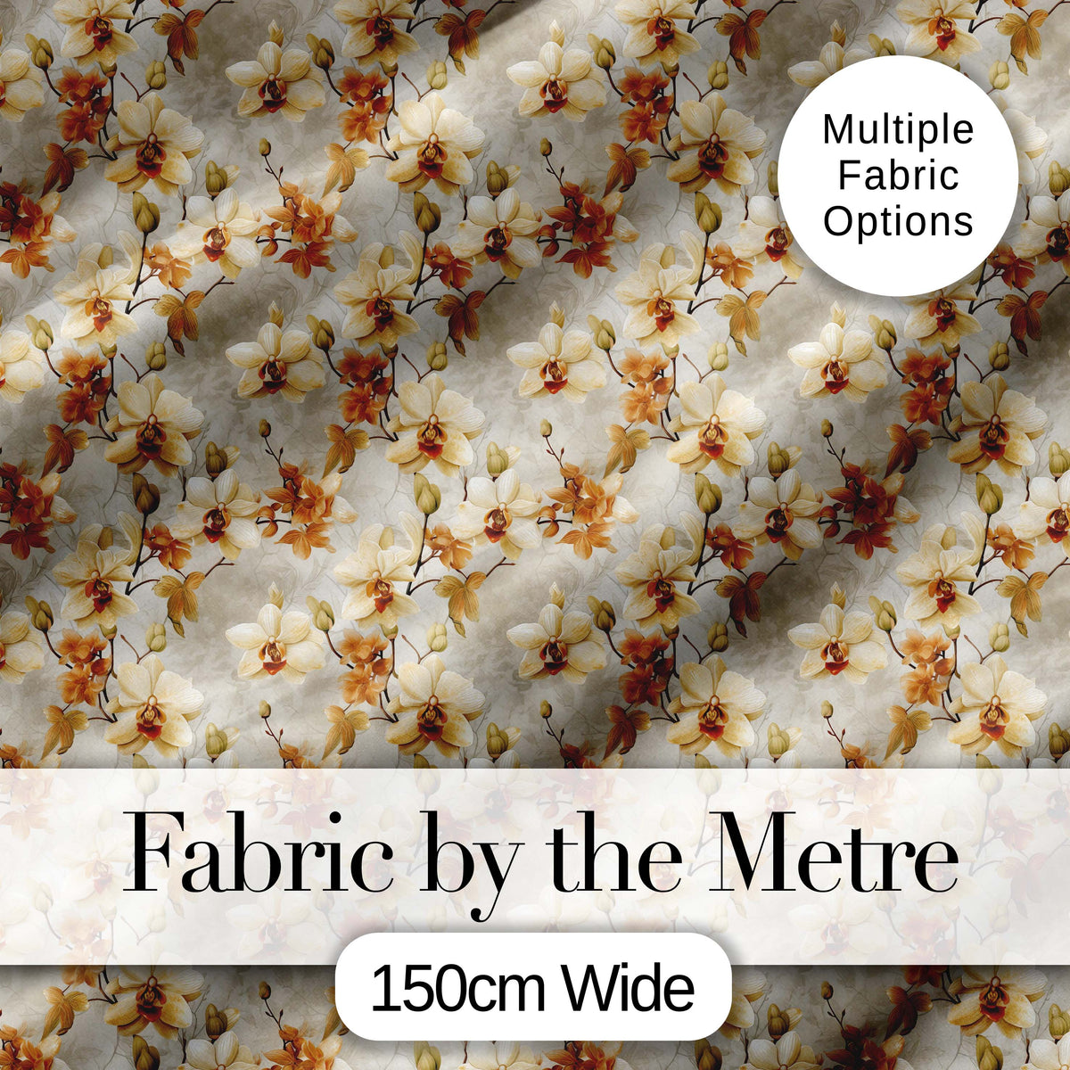 Cream and Amber Orchid Floral Pattern on Soft Neutral Background Digital Print Fabric by the Metre UK Sewing Quilting Textile