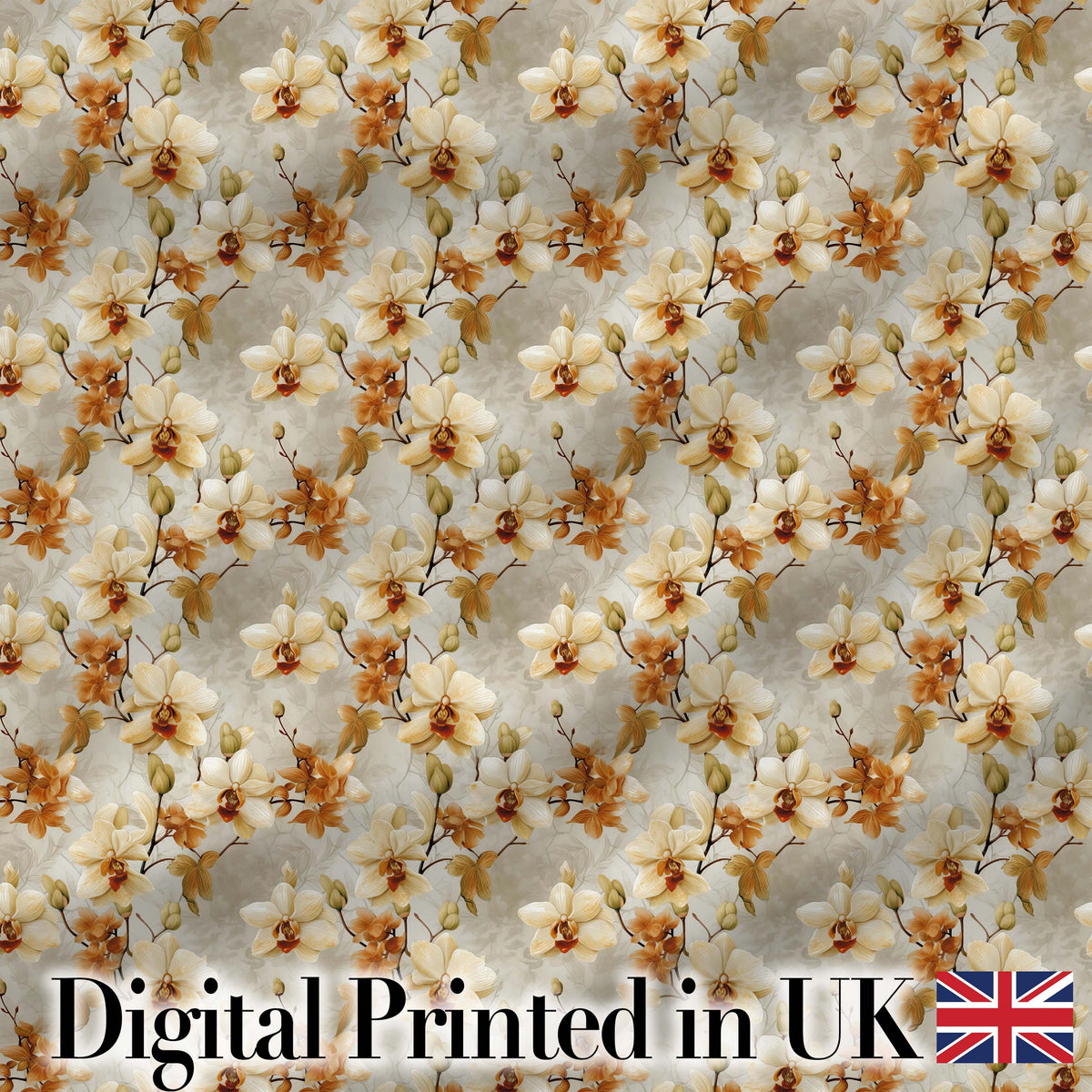 Cream and Amber Orchid Floral Pattern on Soft Neutral Background Digital Print Fabric by the Metre UK Sewing Quilting Textile
