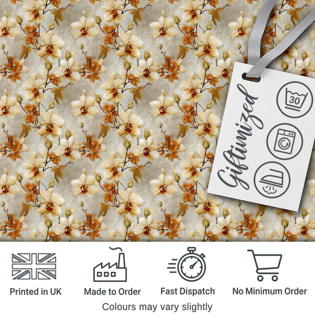 Cream and Amber Orchid Floral Pattern on Soft Neutral Background Digital Print Fabric by the Metre UK Sewing Quilting Textile