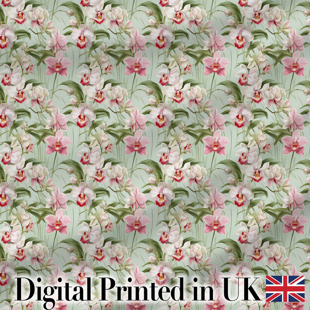 Soft Pink and White Orchid Pattern on Light Green Background Digital Print Fabric by the Metre UK Sewing Quilting Textile