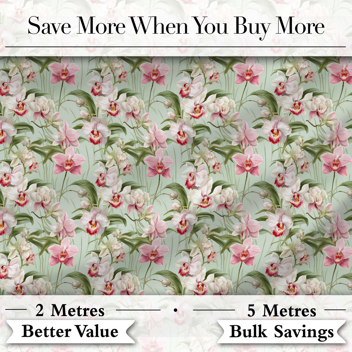 Soft Pink and White Orchid Pattern on Light Green Background Digital Print Fabric by the Metre UK Sewing Quilting Textile