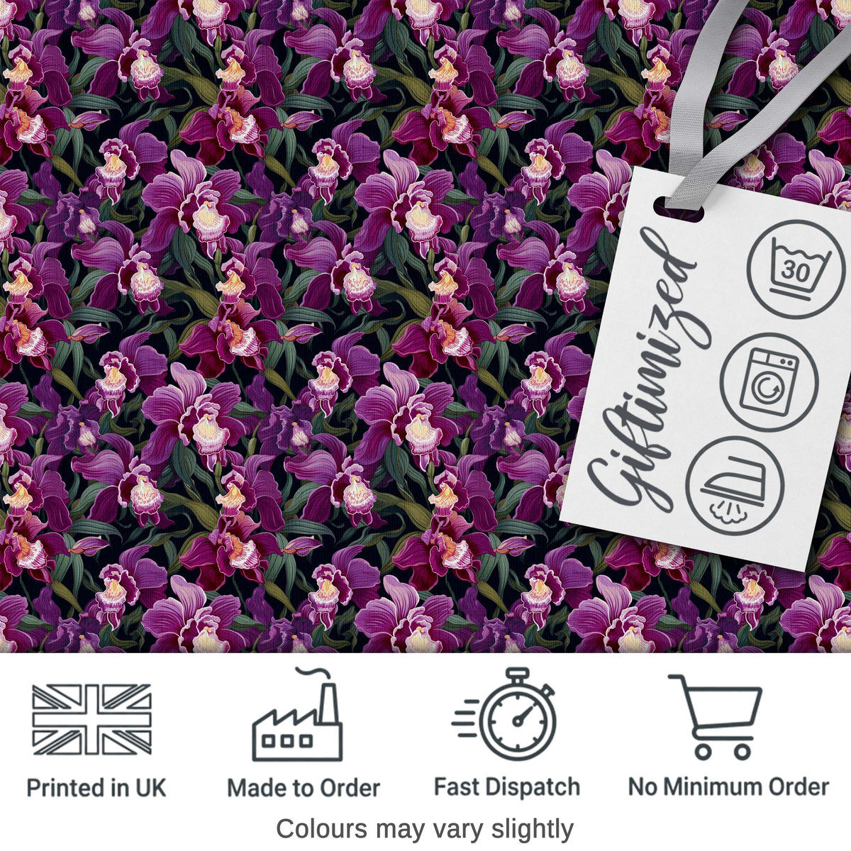 Rich Purple Orchid Floral Pattern on Dark Background Elegant Botanical Digital Print Fabric by the Metre UK Sewing Quilting Textile