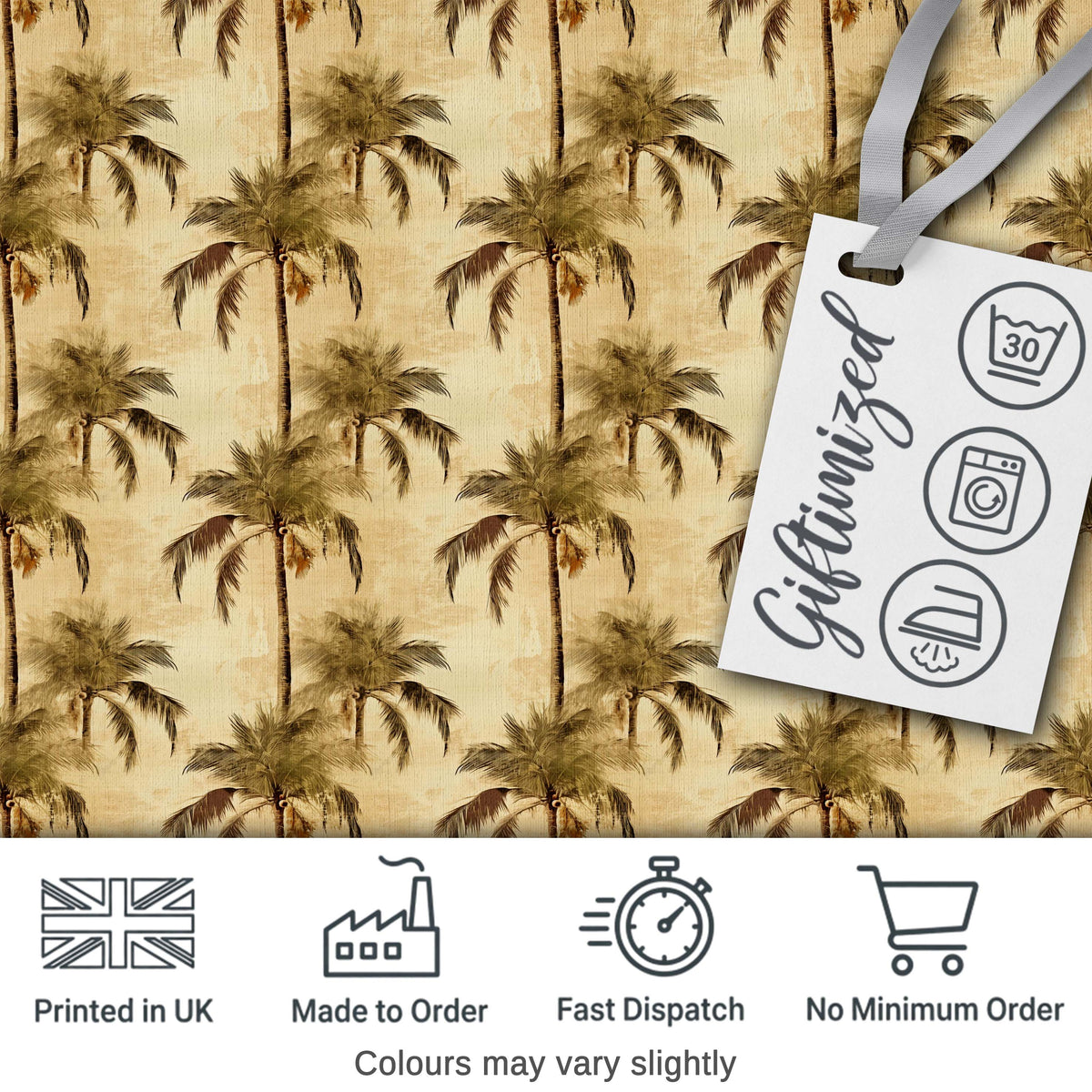 Vintage Sepia Palm Tree Tropical Pattern on Beige Background Coastal Style Digital Print Fabric by the Metre UK Sewing Quilting Textile