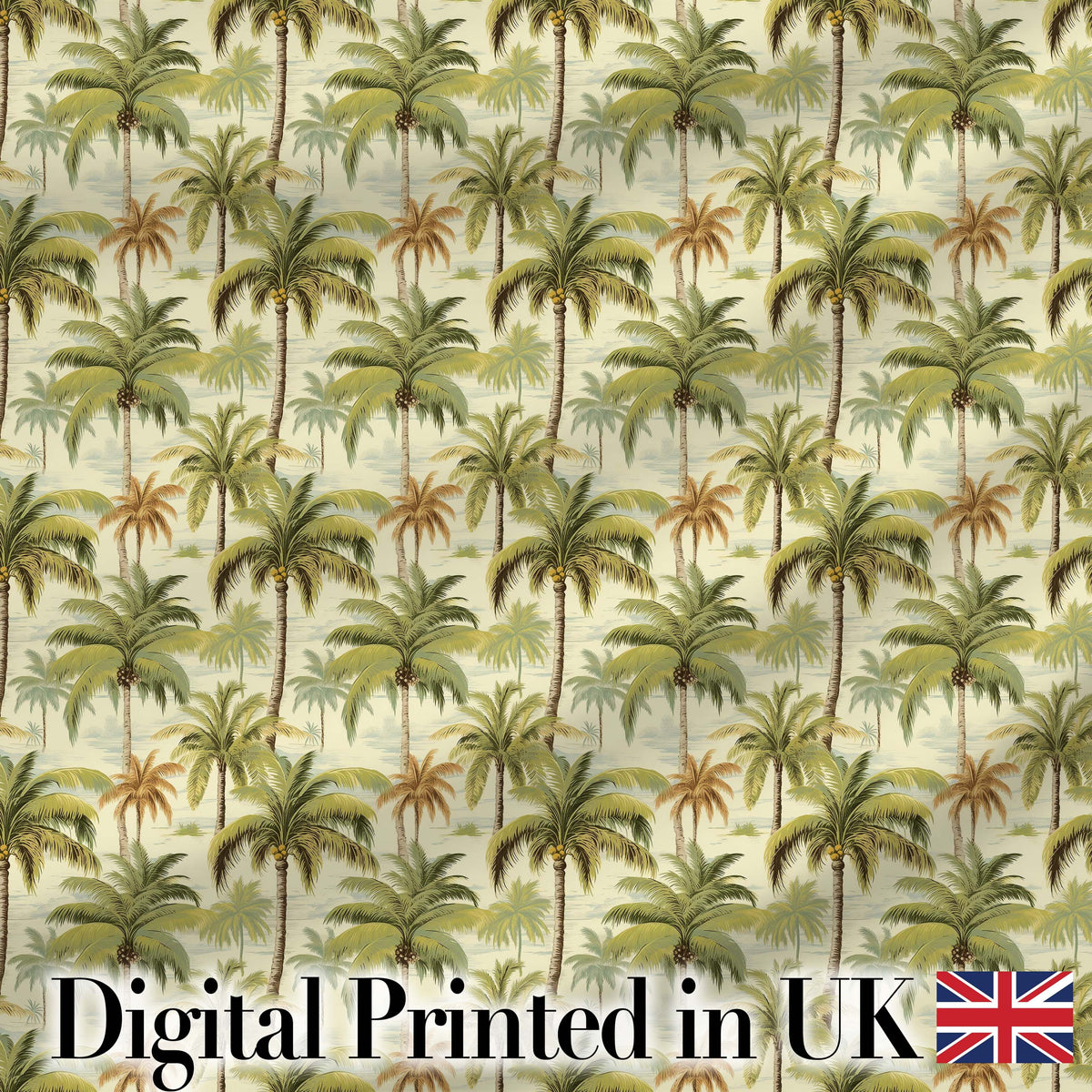 Vintage Style Palm Tree Landscape Pattern in Soft Green and Beige Tones Digital Print Fabric by the Metre UK Sewing Quilting Textile