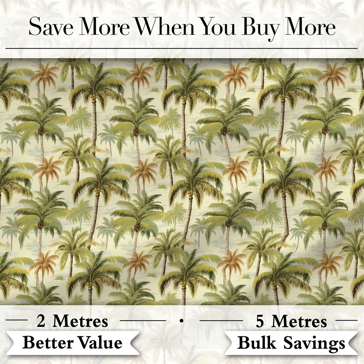 Vintage Style Palm Tree Landscape Pattern in Soft Green and Beige Tones Digital Print Fabric by the Metre UK Sewing Quilting Textile