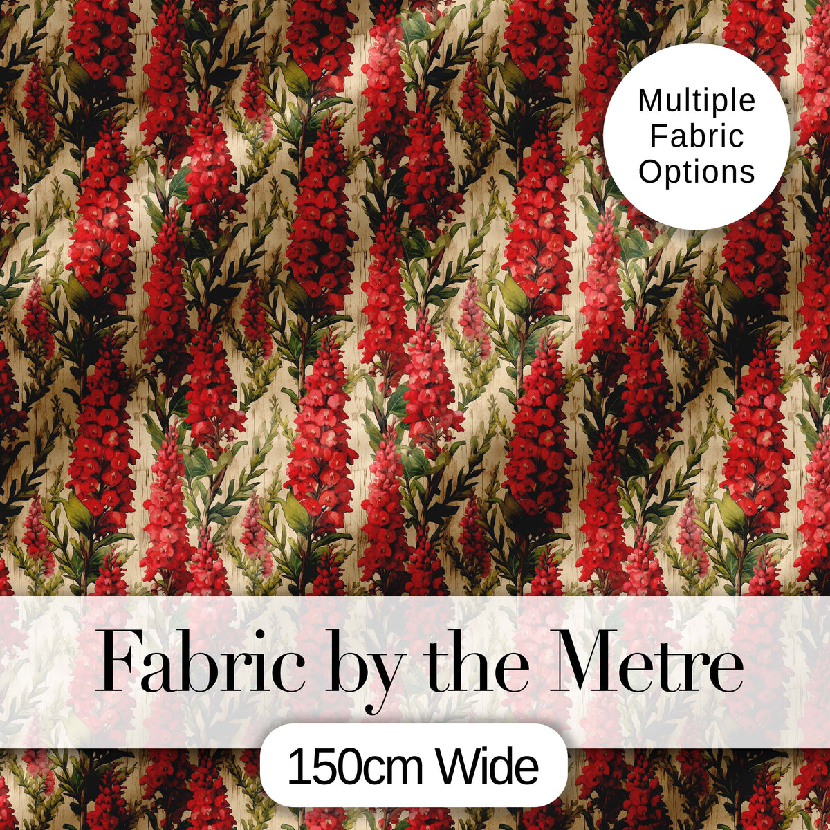Bold Red Floral Vertical Stripe Pattern with Green Leaves on Neutral Background Digital Print Fabric by the Metre UK Sewing Quilting Textile