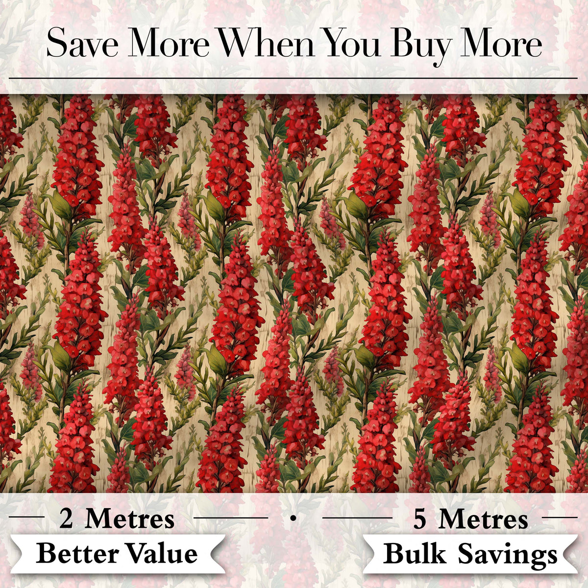 Bold Red Floral Vertical Stripe Pattern with Green Leaves on Neutral Background Digital Print Fabric by the Metre UK Sewing Quilting Textile