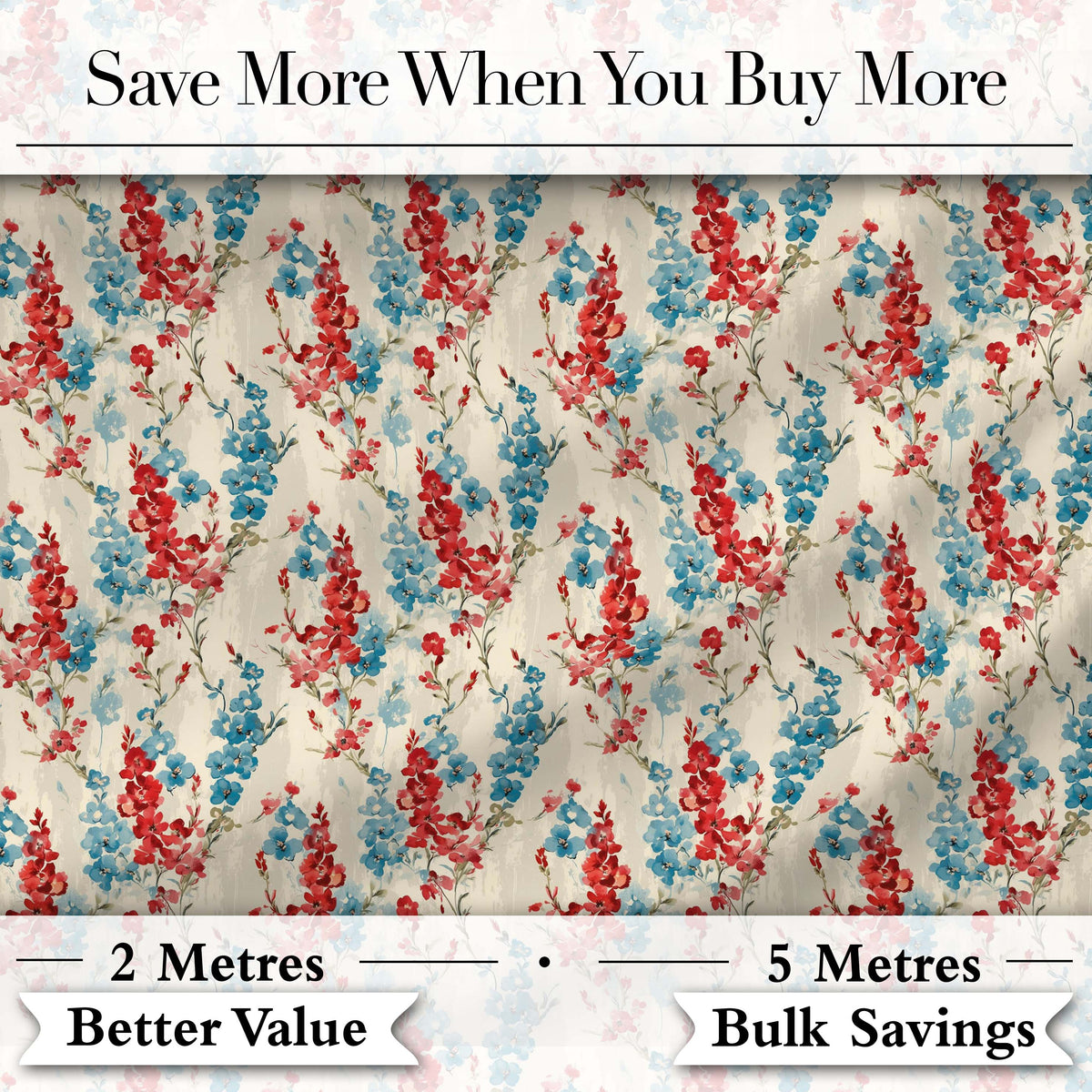 Red and Blue Floral Stripe Pattern on Textured Neutral Background Vintage Style Digital Print Fabric by the Metre UK Sewing Quilting Textile