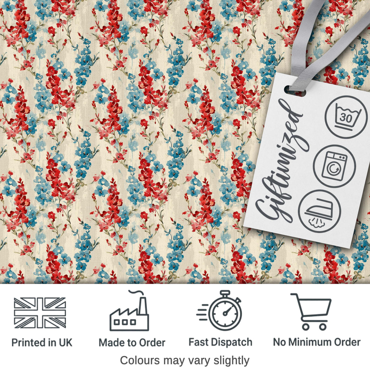 Red and Blue Floral Stripe Pattern on Textured Neutral Background Vintage Style Digital Print Fabric by the Metre UK Sewing Quilting Textile