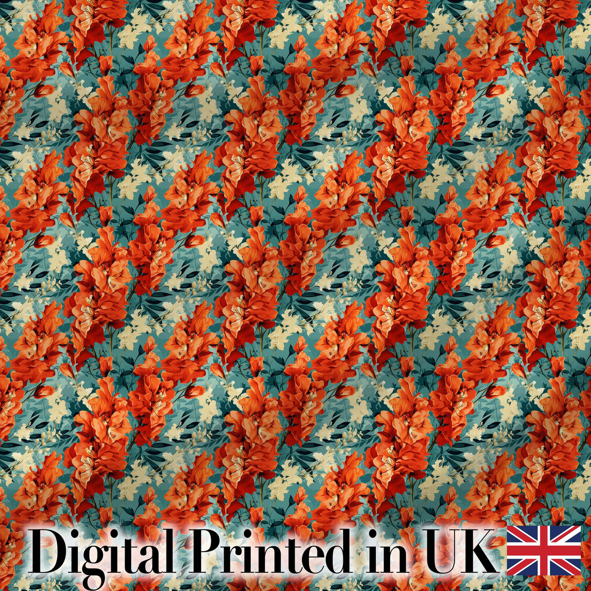 Vibrant Orange Floral Pattern on Teal Background with Delicate Cream Accents Digital Print Fabric by the Metre UK Sewing Quilting Textile