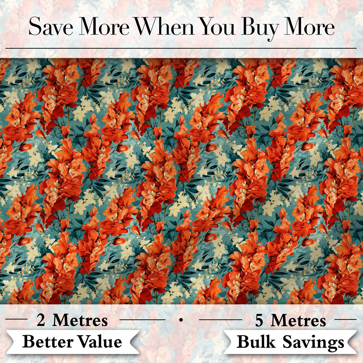 Vibrant Orange Floral Pattern on Teal Background with Delicate Cream Accents Digital Print Fabric by the Metre UK Sewing Quilting Textile