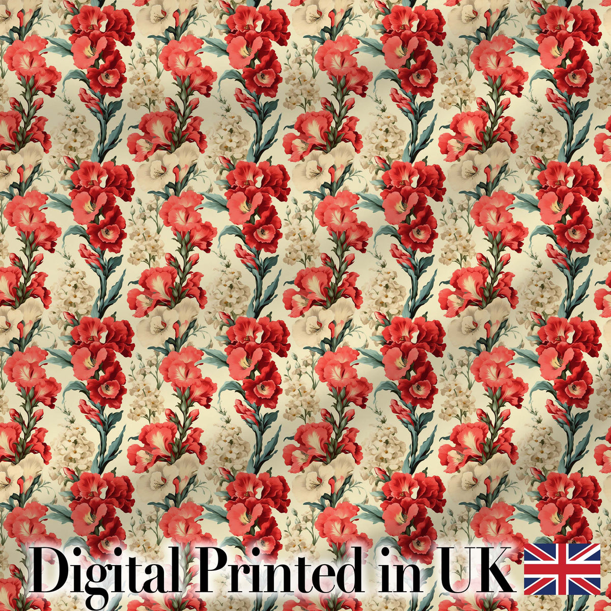 Bold Red Floral Pattern with Cream Blossoms on Light Background Digital Print Fabric by the Metre UK Sewing Quilting Textile