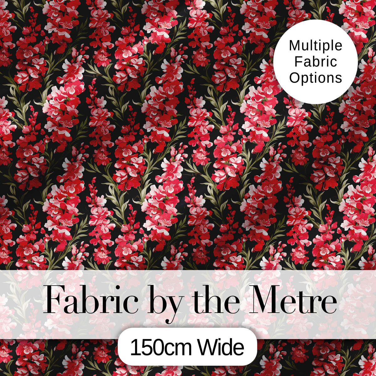 Striking Red and Pink Floral Pattern on Black Background Dramatic Botanical Digital Print Fabric by the Metre UK Sewing Quilting Textile