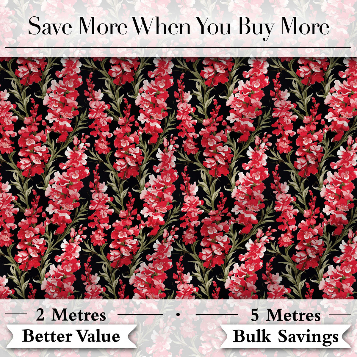 Striking Red and Pink Floral Pattern on Black Background Dramatic Botanical Digital Print Fabric by the Metre UK Sewing Quilting Textile