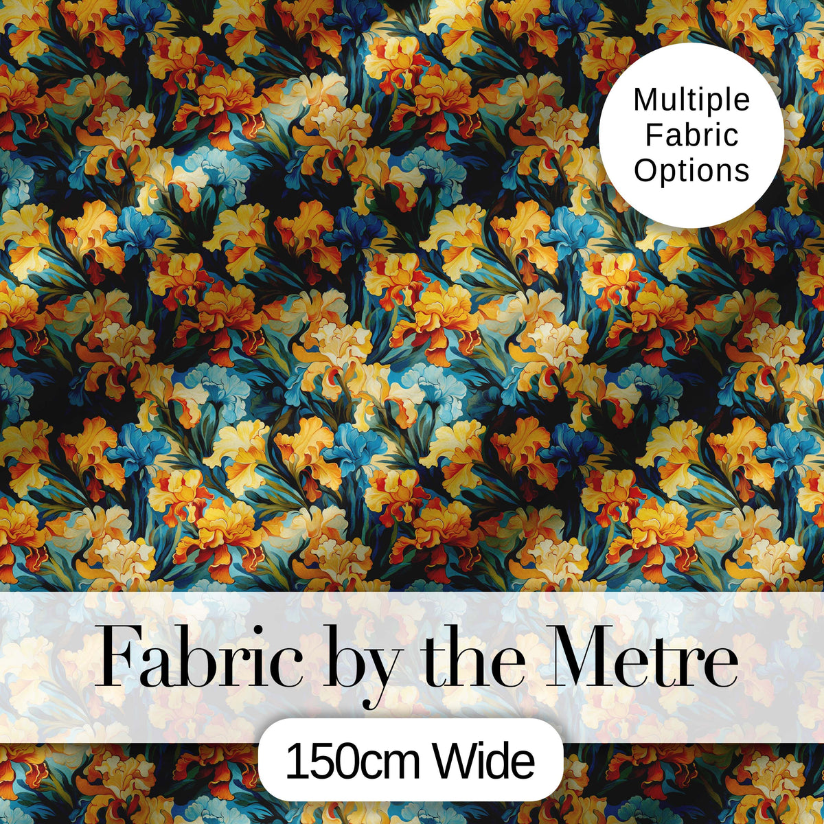Colorful Iris Floral Seamless Pattern in Blue and Yellow on Dark Background Digital Print Fabric by the Metre UK Sewing Quilting Textile