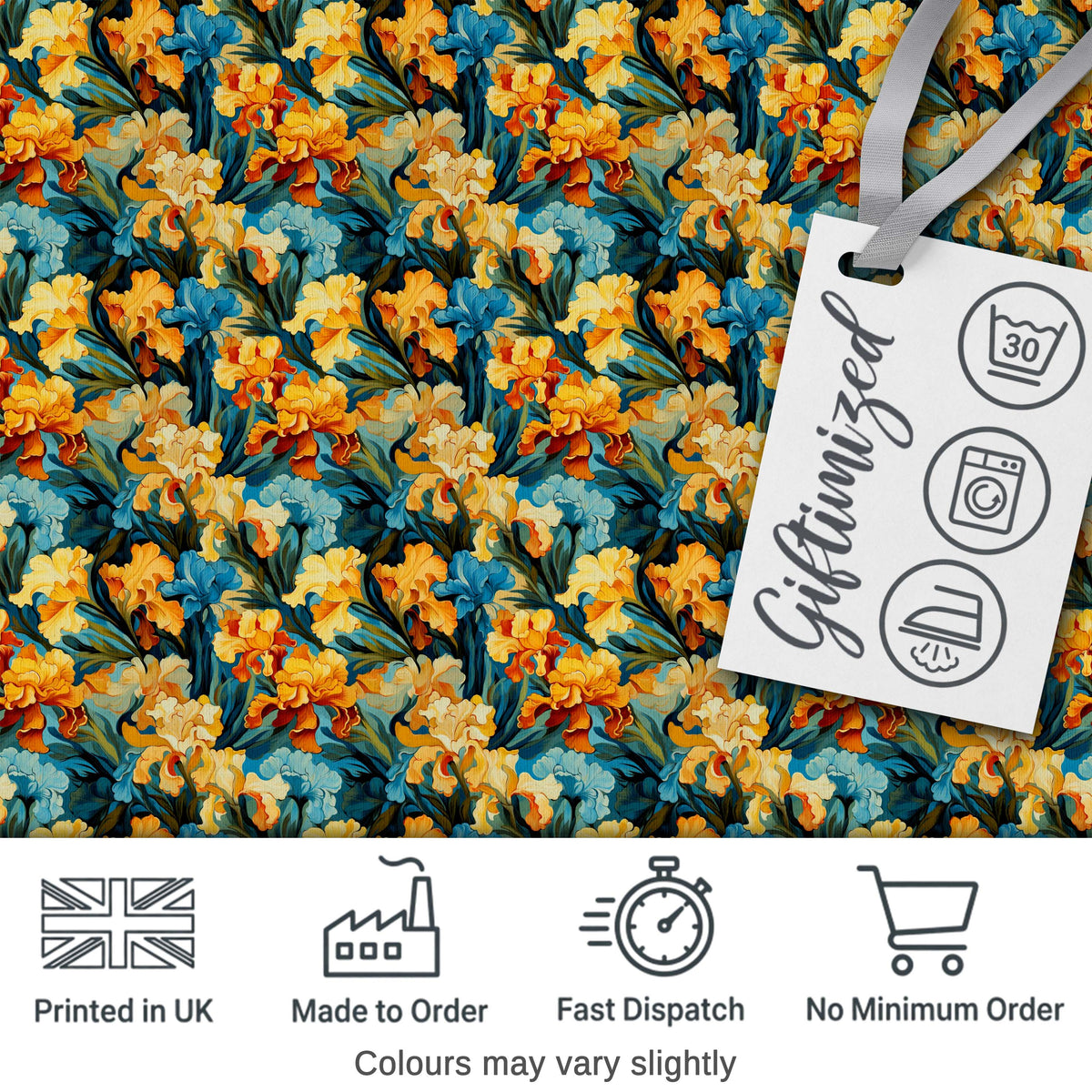 Colorful Iris Floral Seamless Pattern in Blue and Yellow on Dark Background Digital Print Fabric by the Metre UK Sewing Quilting Textile