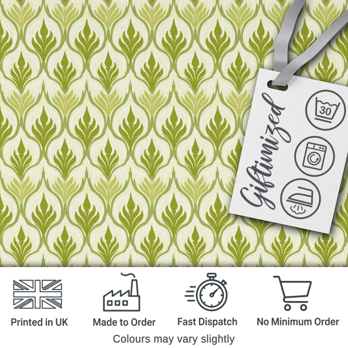 Green Art Deco Leaf Seamless Pattern on Cream Background Geometric Digital Print Fabric by the Metre UK Sewing Quilting Textile