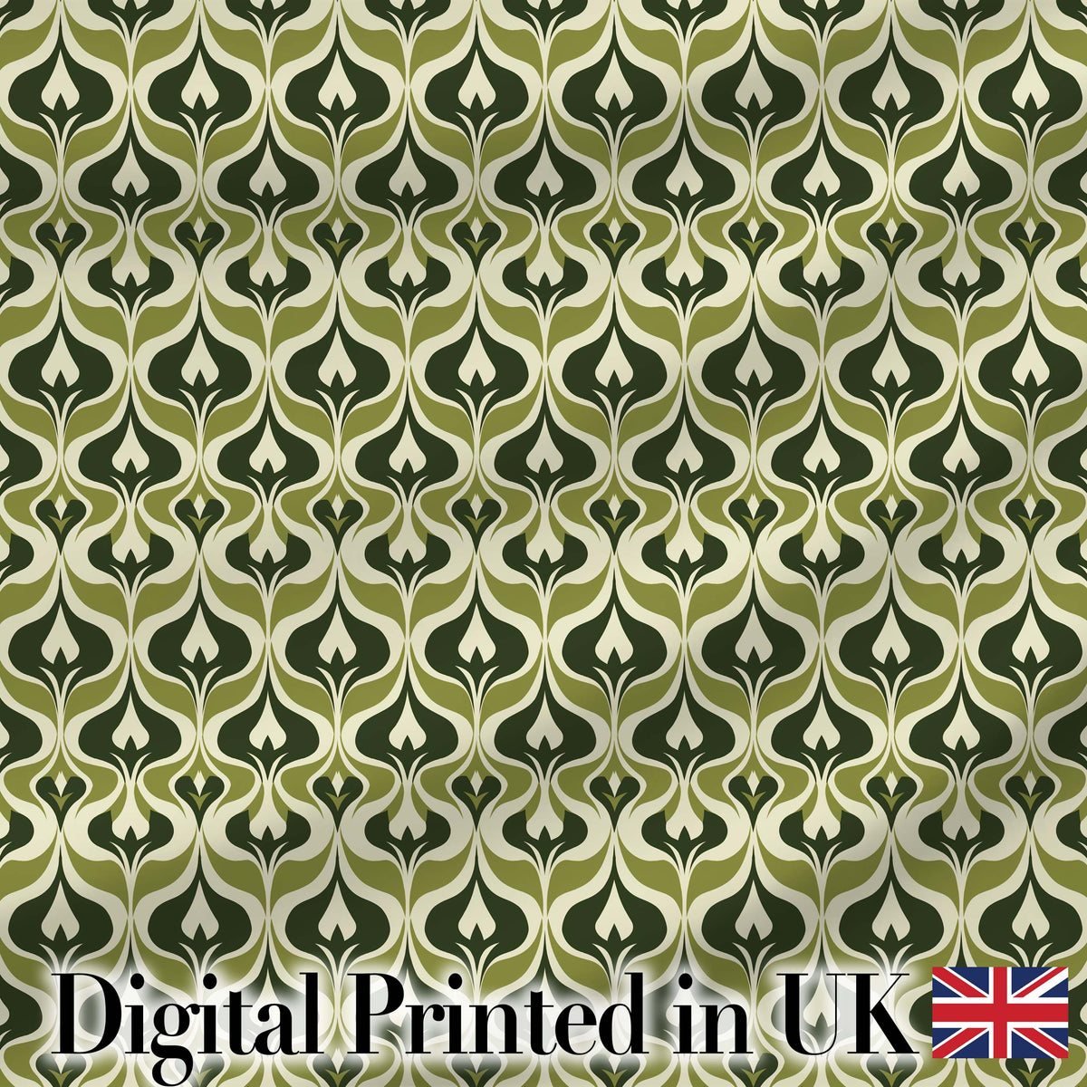 Green Abstract Damask on Cream Background Mid Century Style Digital Print Fabric by the Metre UK Sewing Quilting Textile