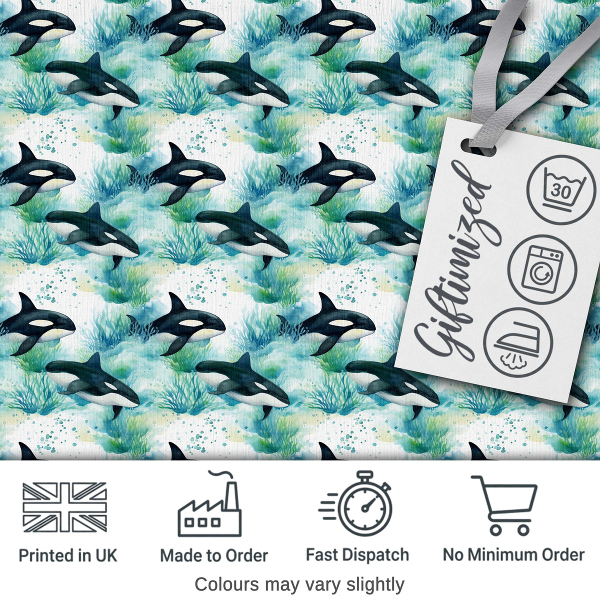 Orca Whale Forest Coastal Seamless Pattern Nature Ocean Fusion Design Digital Print Fabric by the Metre UK Sewing Quilting Textile