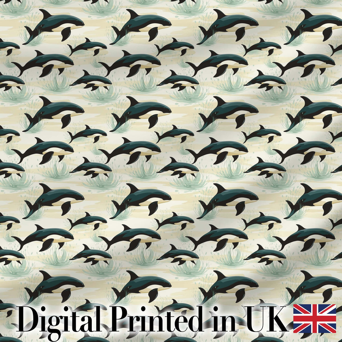 Orca Whale Coastal Landscape Seamless Pattern Ocean Nature Scene Digital Print Fabric by the Metre UK Sewing Quilting Textile