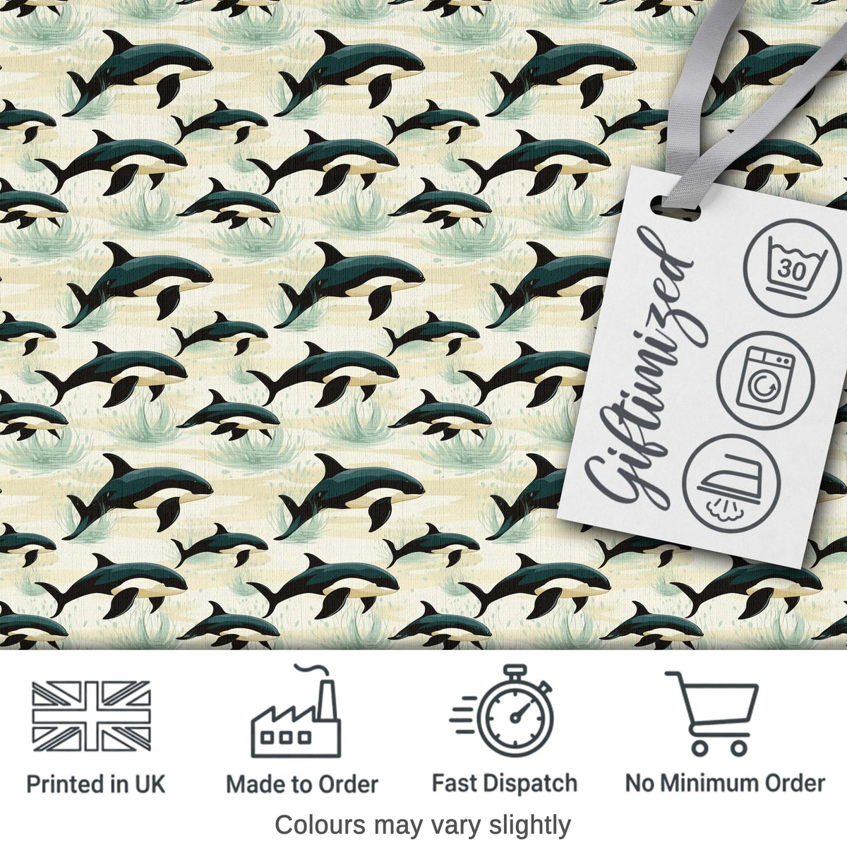 Orca Whale Coastal Landscape Seamless Pattern Ocean Nature Scene Digital Print Fabric by the Metre UK Sewing Quilting Textile