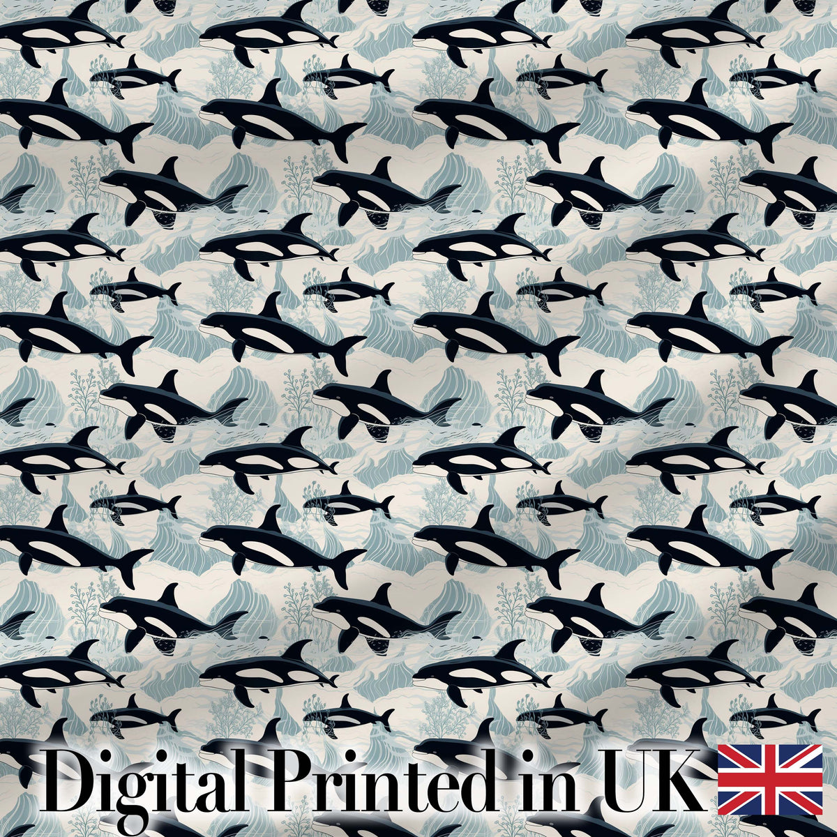 Orca Whale Ocean Wave Seamless Pattern Nautical Marine Design Digital Print Fabric by the Metre UK Sewing Quilting Textile