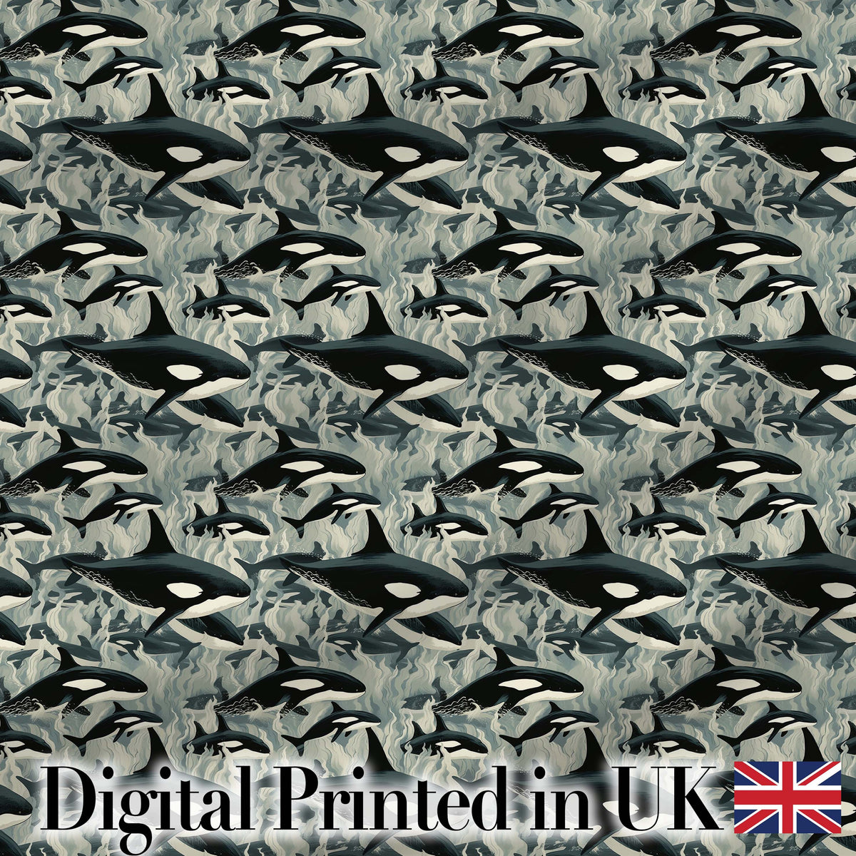 Detailed Orca Whale Water Texture Seamless Pattern Marine Life Design Digital Print Fabric by the Metre UK Sewing Quilting Textile