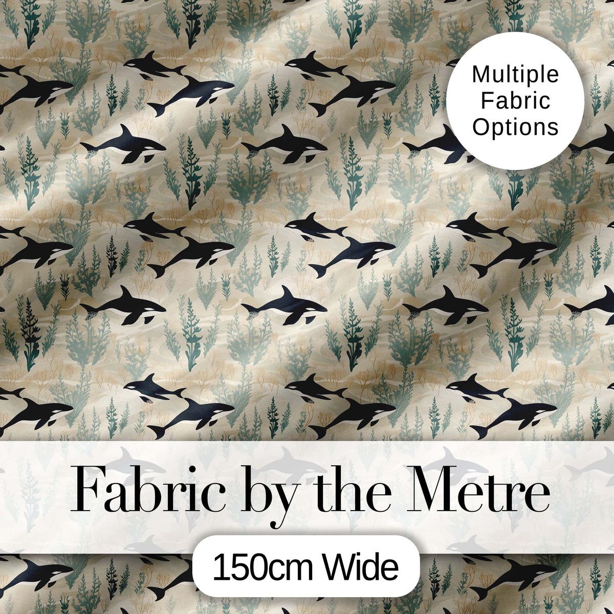 Minimal Orca Whale and Seaweed Seamless Pattern Ocean Marine Life Design Digital Print Fabric by the Metre UK Sewing Quilting Textile