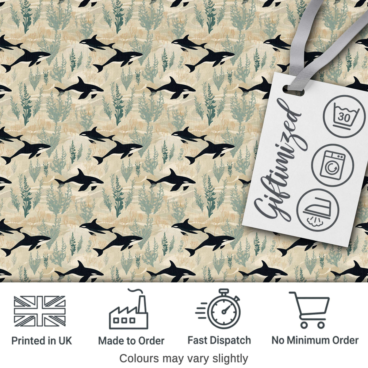 Minimal Orca Whale and Seaweed Seamless Pattern Ocean Marine Life Design Digital Print Fabric by the Metre UK Sewing Quilting Textile