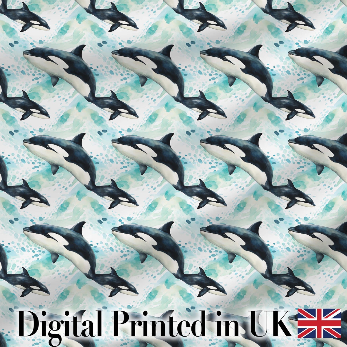 Stylised Orca Whale Wave Seamless Pattern Nautical Ocean Scene Design Digital Print Fabric by the Metre UK Sewing Quilting Textile
