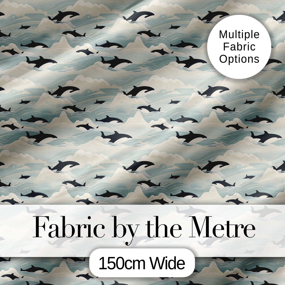 Orca Whale Seaweed Seamless Pattern Coastal Marine Botanical Design Digital Print Fabric by the Metre UK Sewing Quilting Textile
