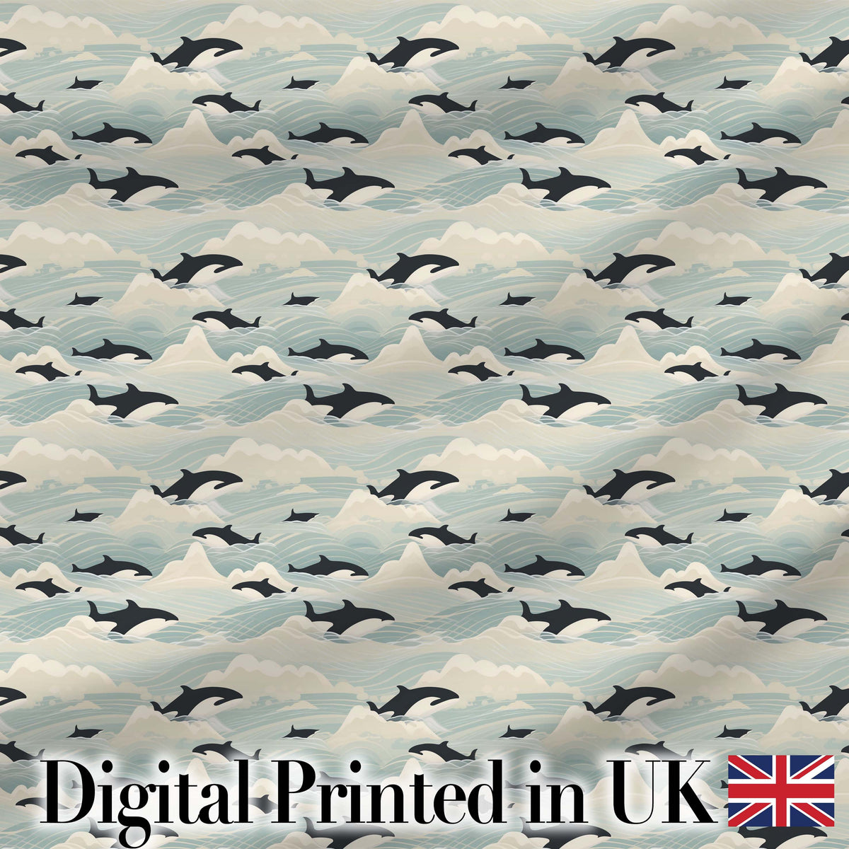 Orca Whale Seaweed Seamless Pattern Coastal Marine Botanical Design Digital Print Fabric by the Metre UK Sewing Quilting Textile