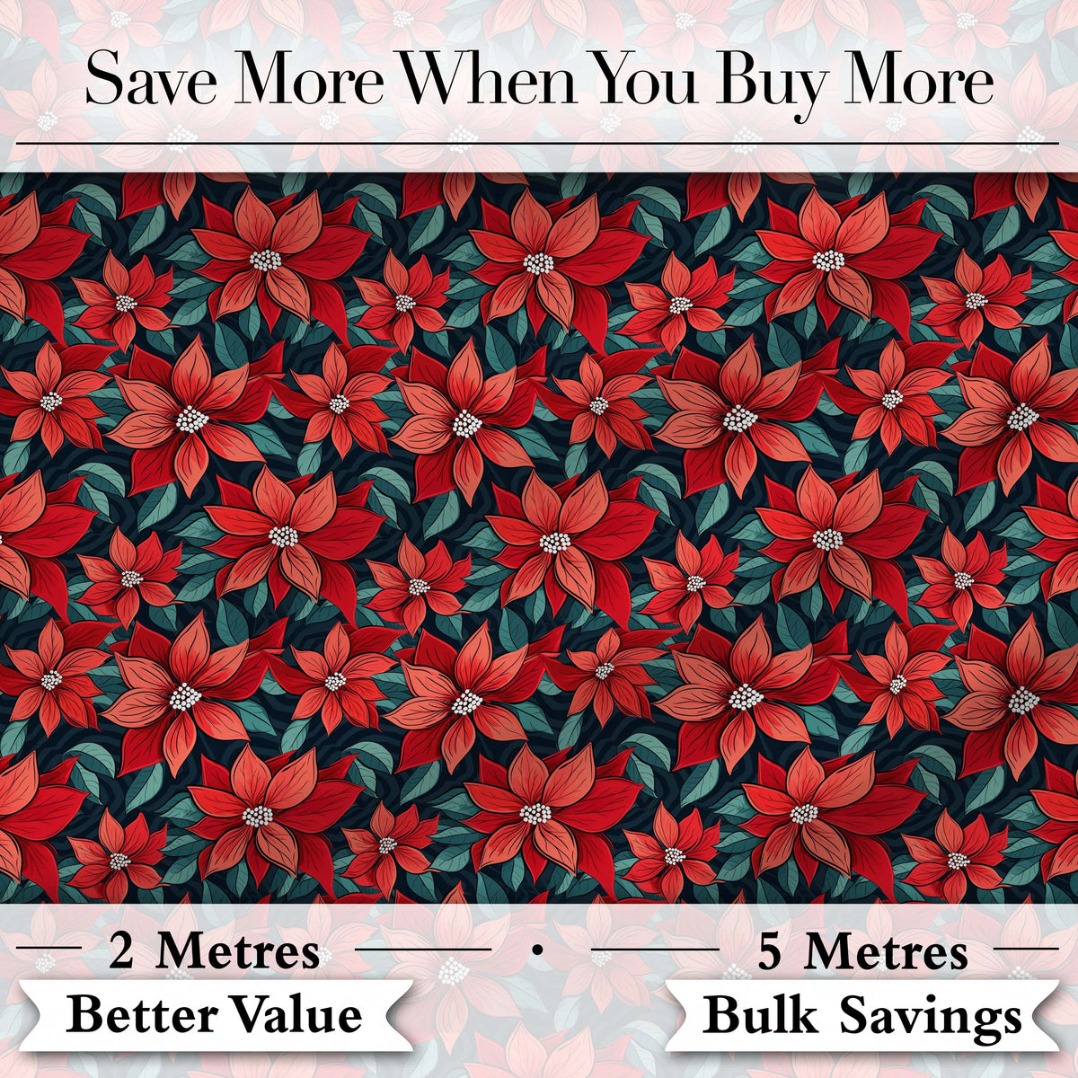 Classic Red Poinsettia Floral Dark Background Christmas Seamless Pattern Digital Print Fabric by the Metre UK Sewing Quilting Textile