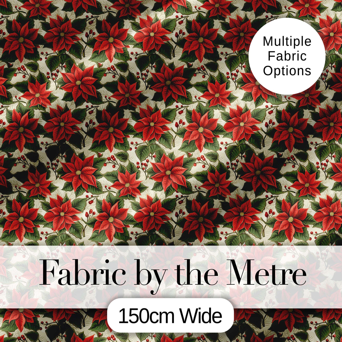 Traditional Poinsettia Holly Berry Christmas Botanical Seamless Pattern Digital Print Fabric by the Metre UK Sewing Quilting Textile