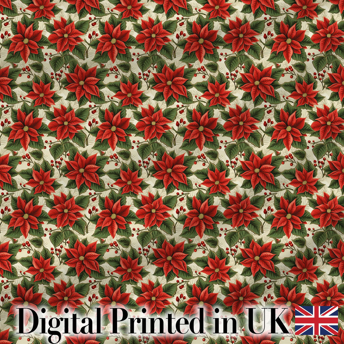 Traditional Poinsettia Holly Berry Christmas Botanical Seamless Pattern Digital Print Fabric by the Metre UK Sewing Quilting Textile