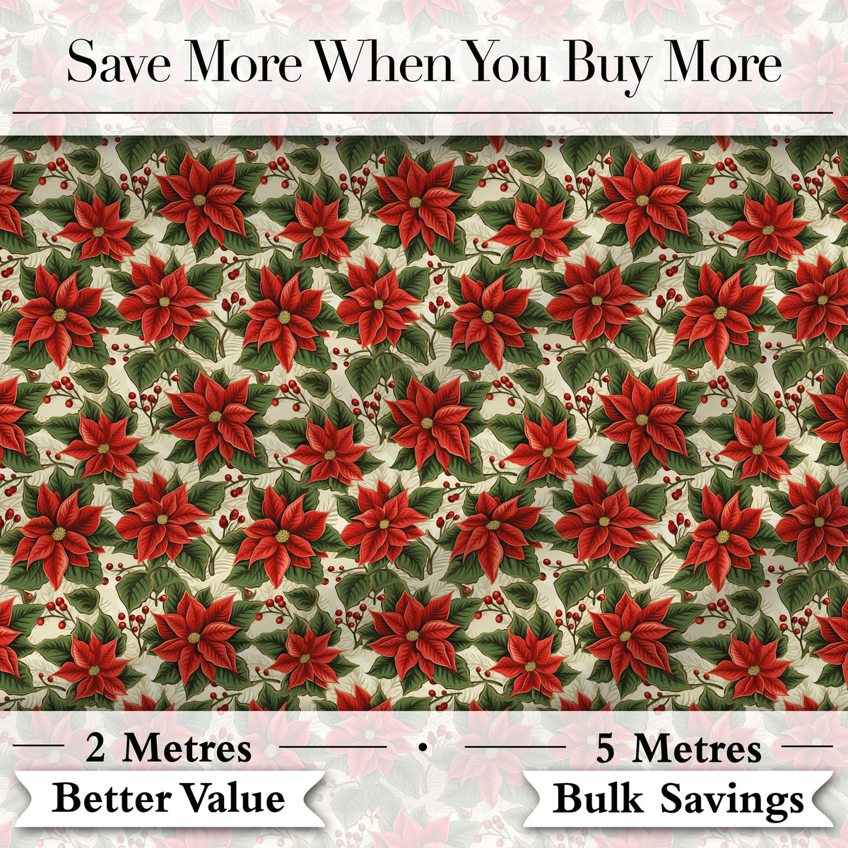 Traditional Poinsettia Holly Berry Christmas Botanical Seamless Pattern Digital Print Fabric by the Metre UK Sewing Quilting Textile