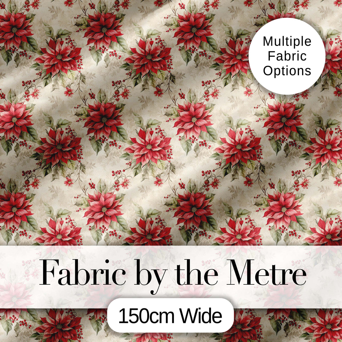 Botanical Poinsettia and Foliage Christmas Garden Seamless Pattern Digital Print Fabric by the Metre UK Sewing Quilting Textile