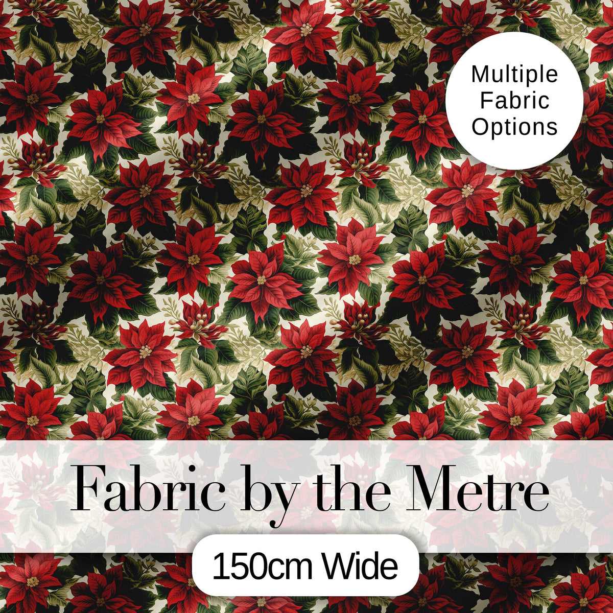 Deep Green Background Red Poinsettia Festive Seamless Pattern Digital Print Fabric by the Metre UK Sewing Quilting Textile