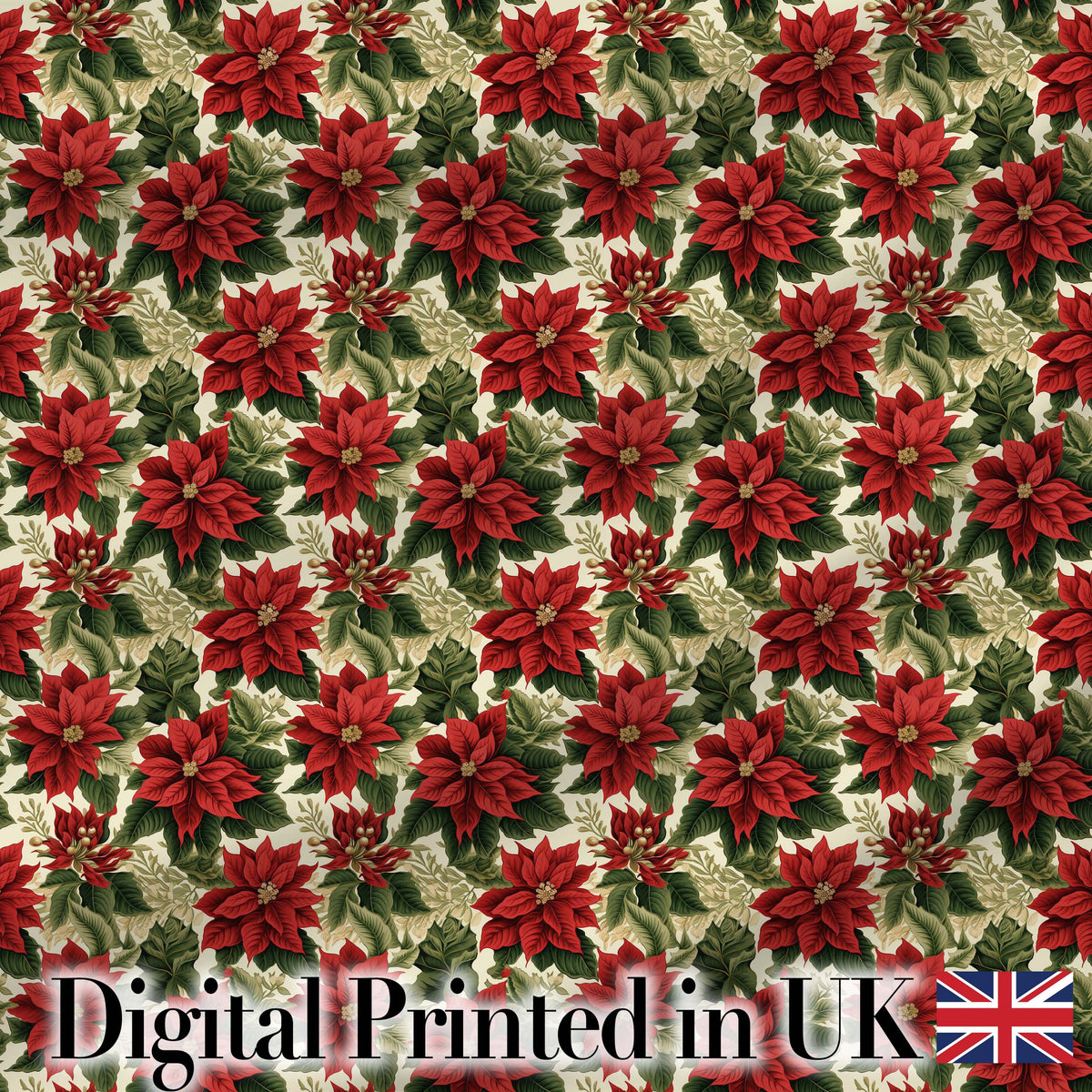 Deep Green Background Red Poinsettia Festive Seamless Pattern Digital Print Fabric by the Metre UK Sewing Quilting Textile