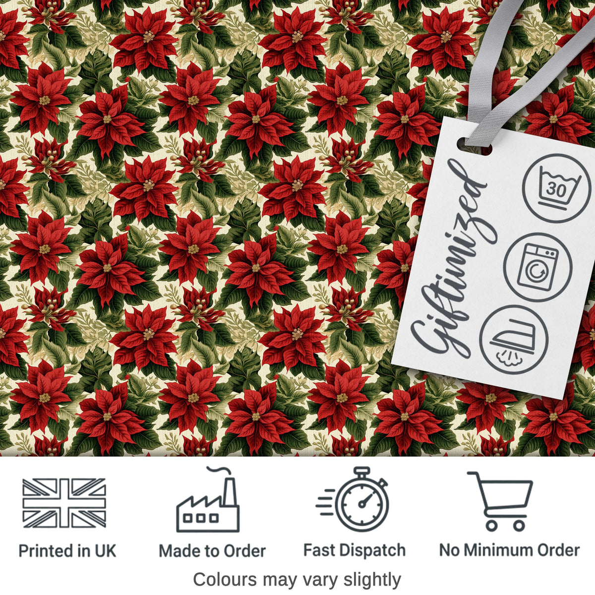 Deep Green Background Red Poinsettia Festive Seamless Pattern Digital Print Fabric by the Metre UK Sewing Quilting Textile