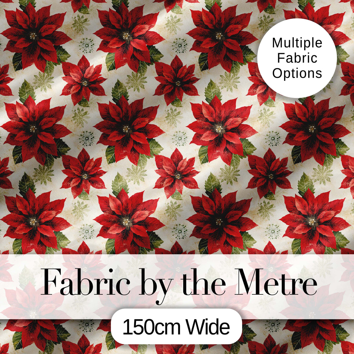 Traditional Poinsettia with Snowflake Accents Seamless Pattern Digital Print Fabric by the Metre UK Sewing Quilting Textile