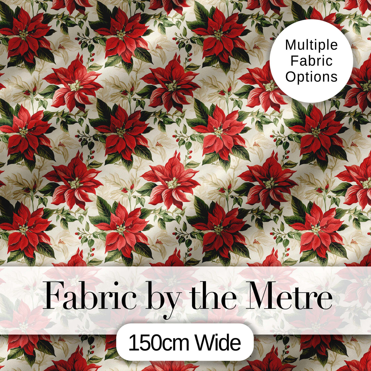 Vintage Poinsettia Floral Cream Background Christmas Botanical Print Digital Print Fabric by the Metre UK Sewing Quilting Textile
