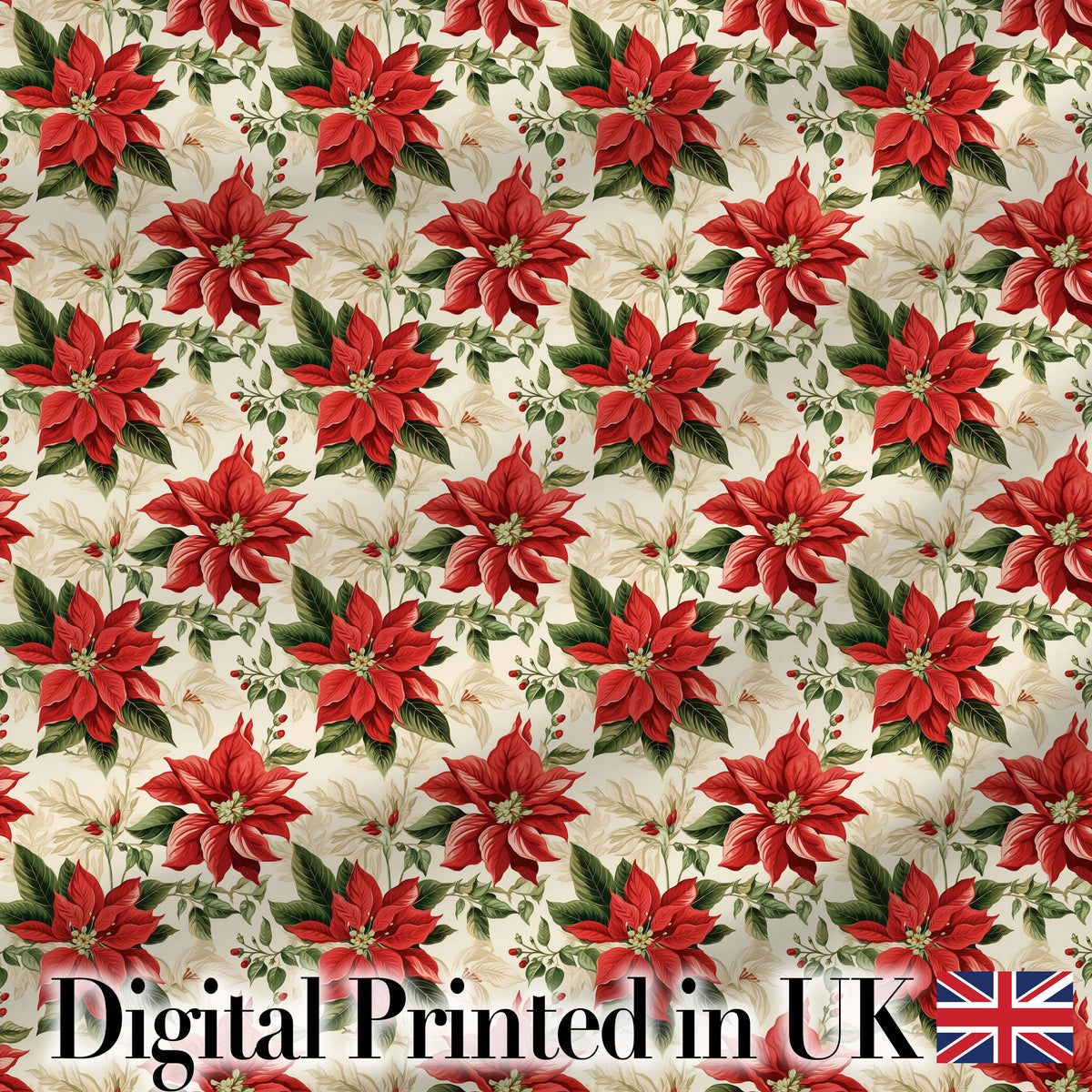 Vintage Poinsettia Floral Cream Background Christmas Botanical Print Digital Print Fabric by the Metre UK Sewing Quilting Textile