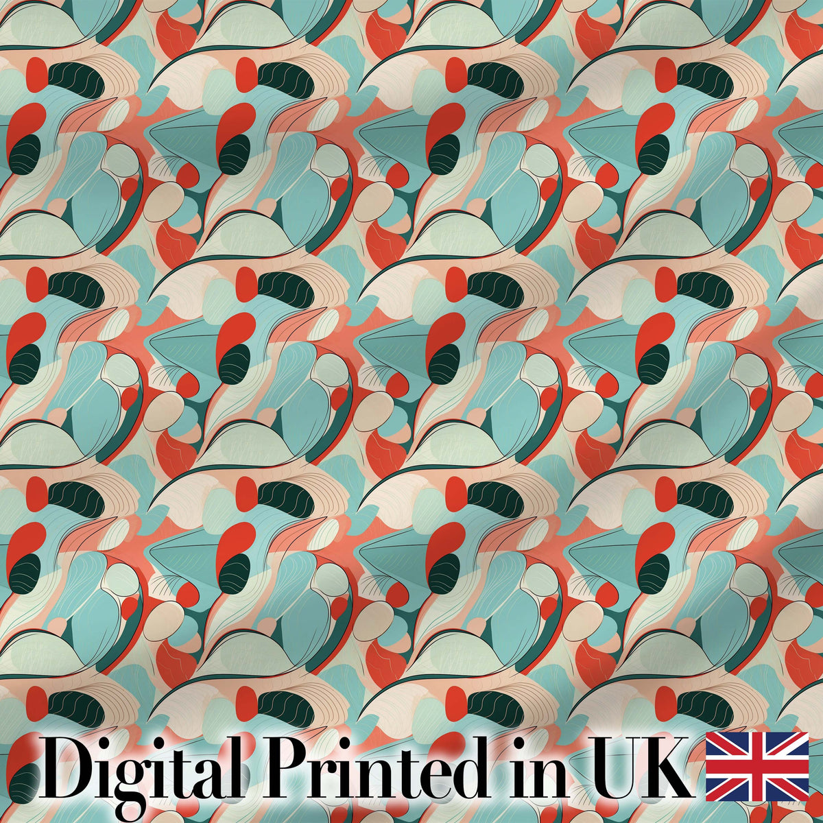 Abstract Mid Century Modern Organic Shapes Teal Coral Seamless Pattern Digital Print Fabric by the Metre UK Sewing Quilting Textile