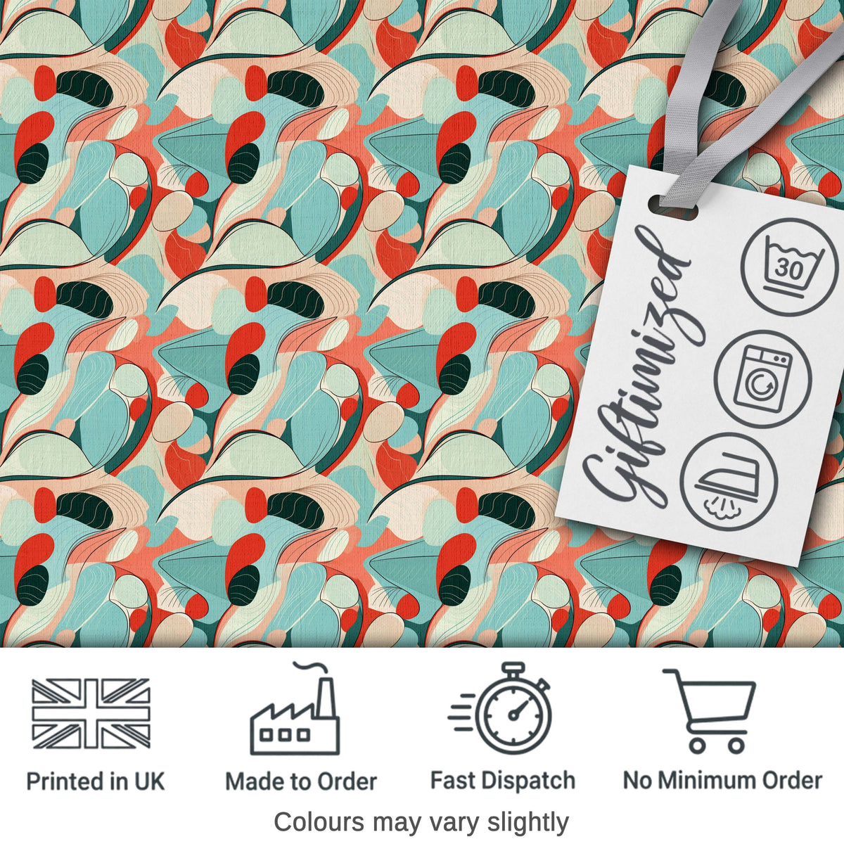 Abstract Mid Century Modern Organic Shapes Teal Coral Seamless Pattern Digital Print Fabric by the Metre UK Sewing Quilting Textile