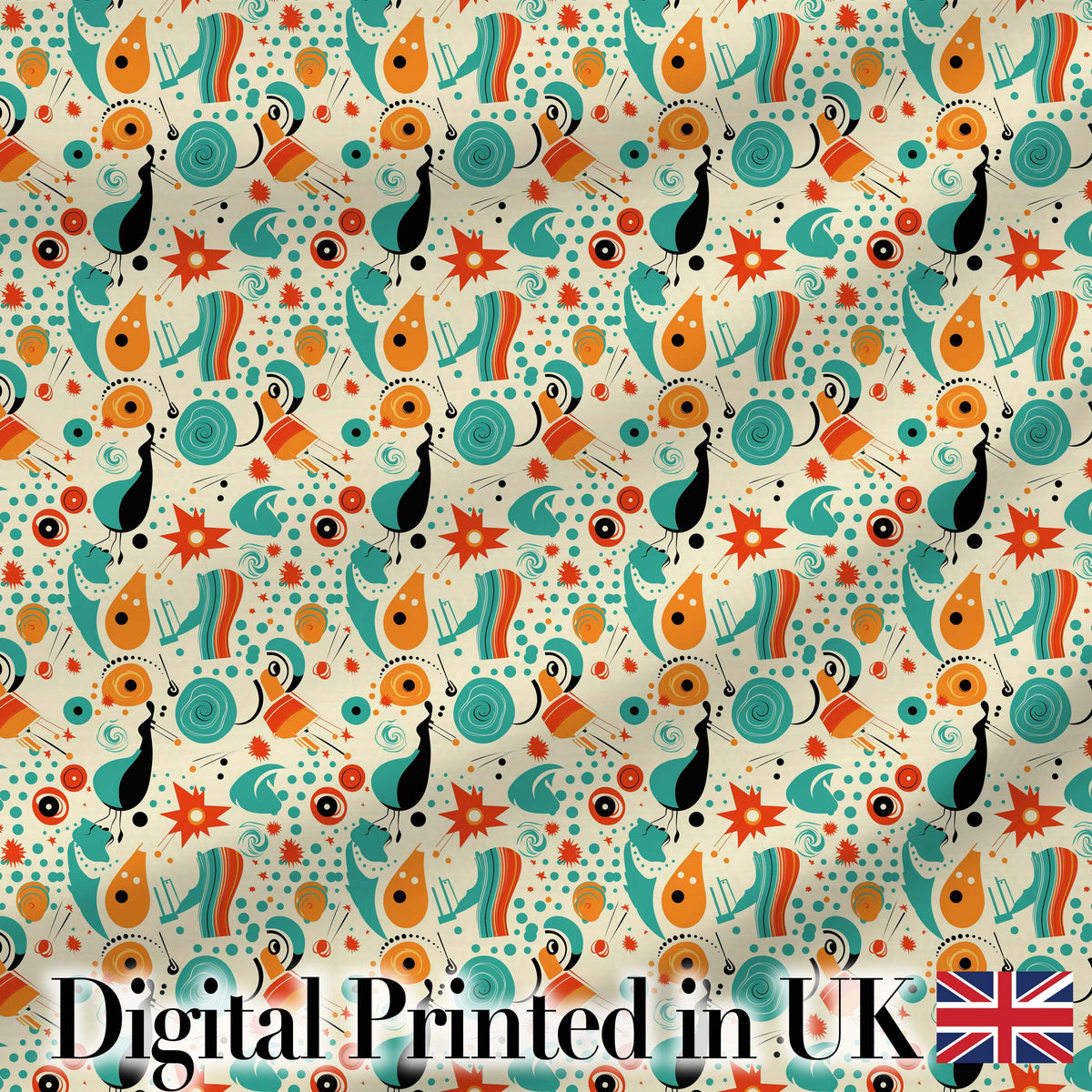 Whimsical Abstract Birds and Shapes Teal Orange Mid Century Style Digital Print Fabric by the Metre UK Sewing Quilting Textile