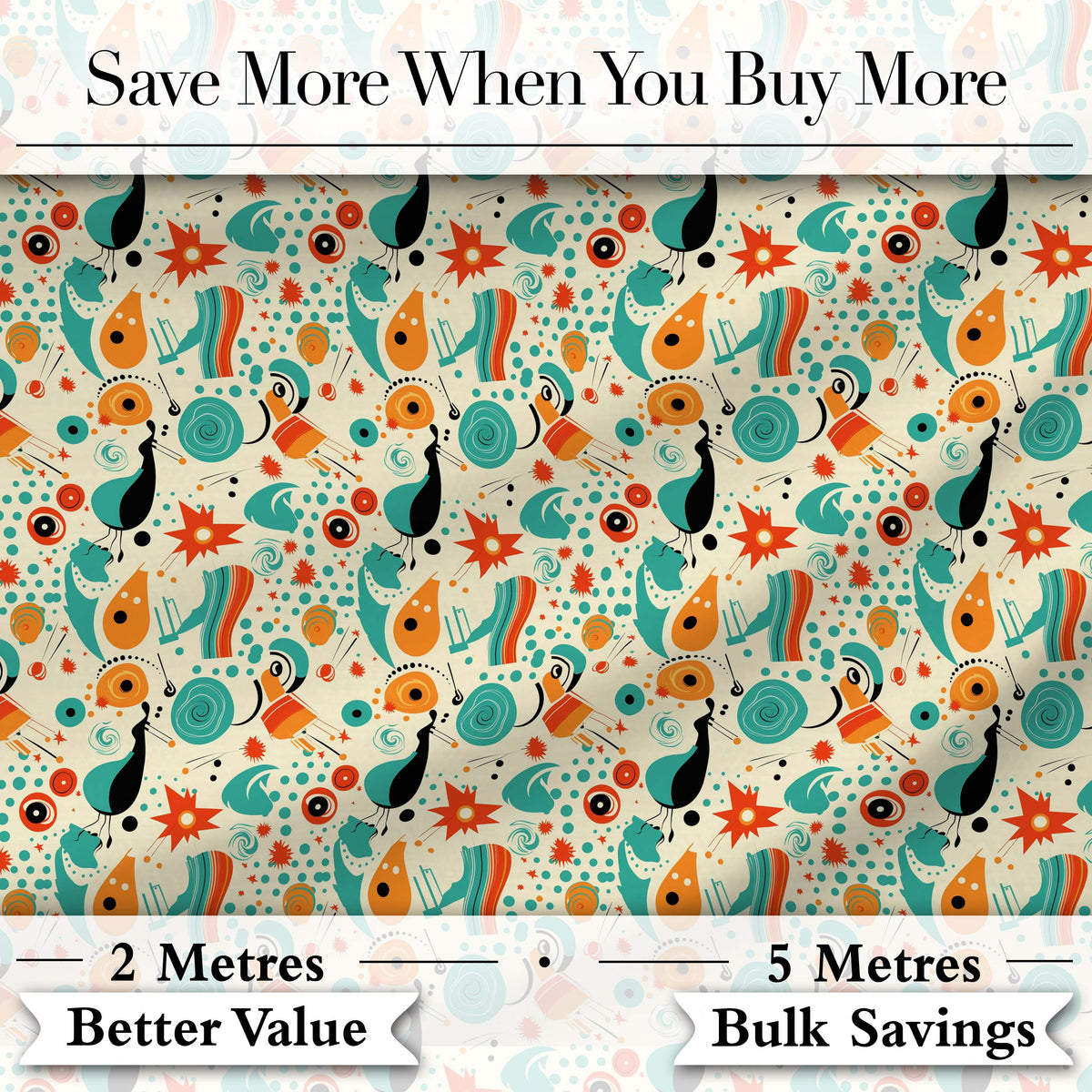 Whimsical Abstract Birds and Shapes Teal Orange Mid Century Style Digital Print Fabric by the Metre UK Sewing Quilting Textile